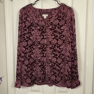 Sundance Silk Blend Burnout Velvet Floral Button Down Blouse Medium Burgundy